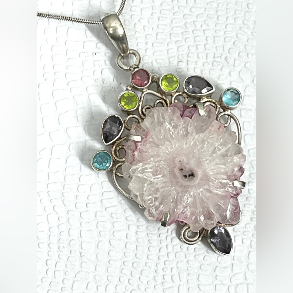 RARE - 925 STRLING SILVER STALACTITE AMETHYST & MULTI GEMSTONES  PENDANT NECKlAC